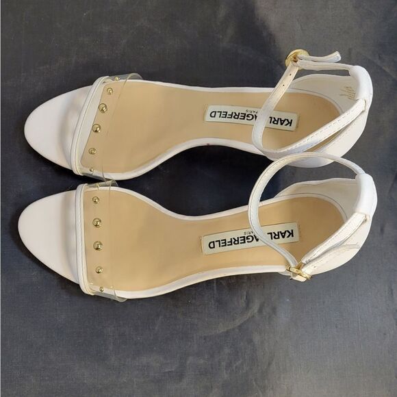 KARL LAGERFELD DIXIE CLEAR LUCITE LOW HEEL ADJUSTABLE BUCKLE&ANKLE SANDAL - Picture 5 of 14